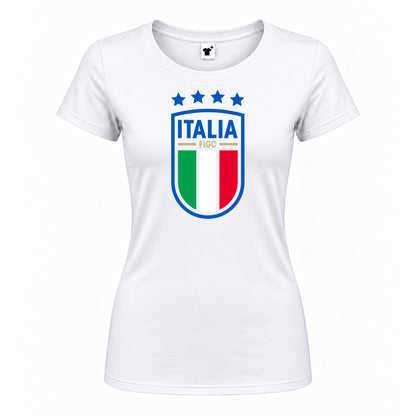 Women's Italy National Soccer Round Neck T-Shirt — White — original logo on current Drive garment