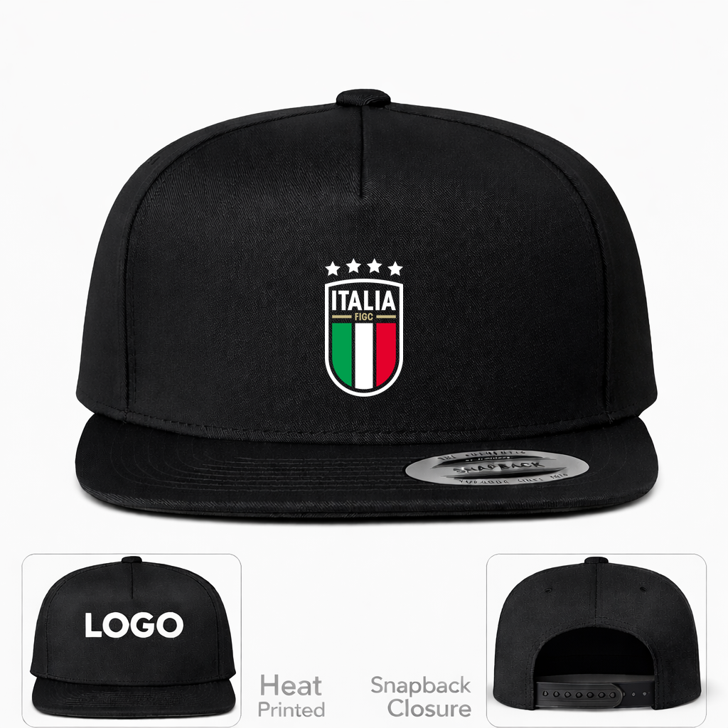 Italy National Soccer Snapback Hat | Color: Black | Original artwork on Drive garment