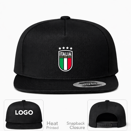 Italy National Soccer Snapback Hat | Color: Black | Original artwork on Drive garment