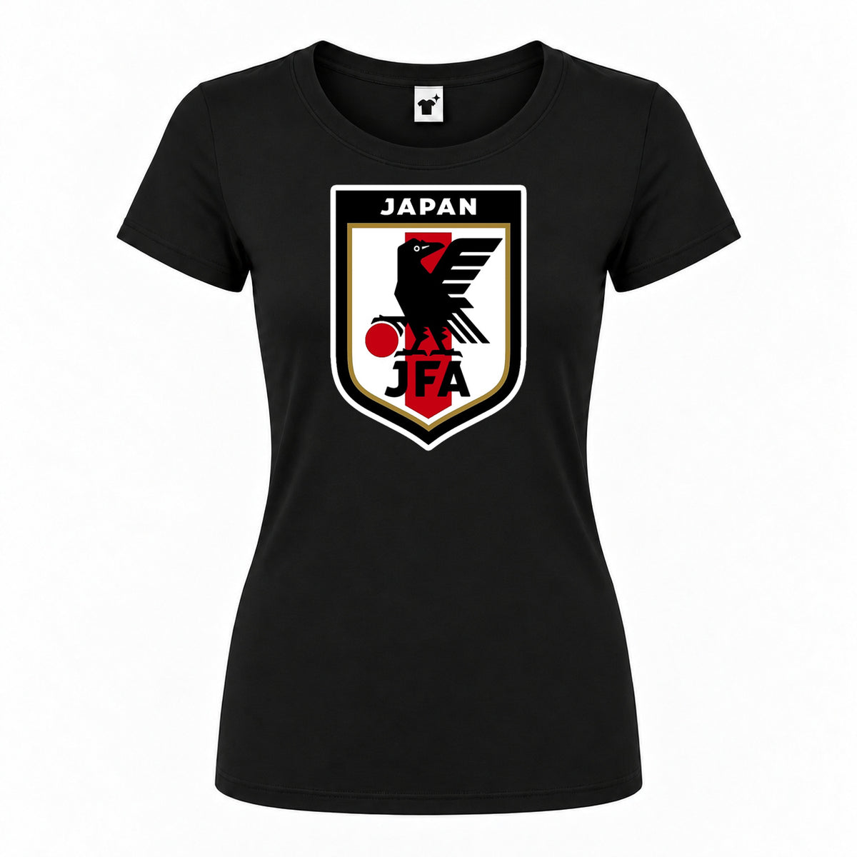 Women's Japan National Soccer Team Round Neck T-Shirt — Black — original logo on current Drive garment