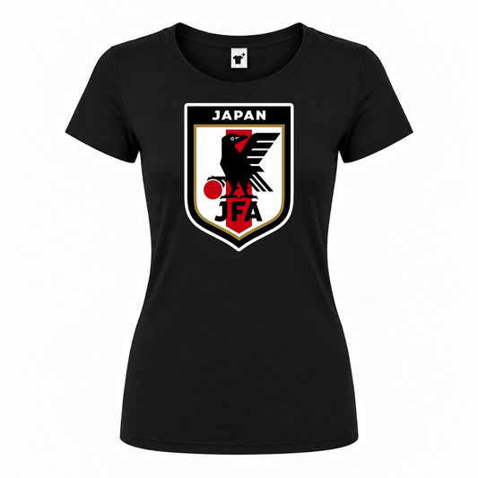 Women's Japan National Soccer Team Round Neck T-Shirt — Black — original logo on current Drive garment