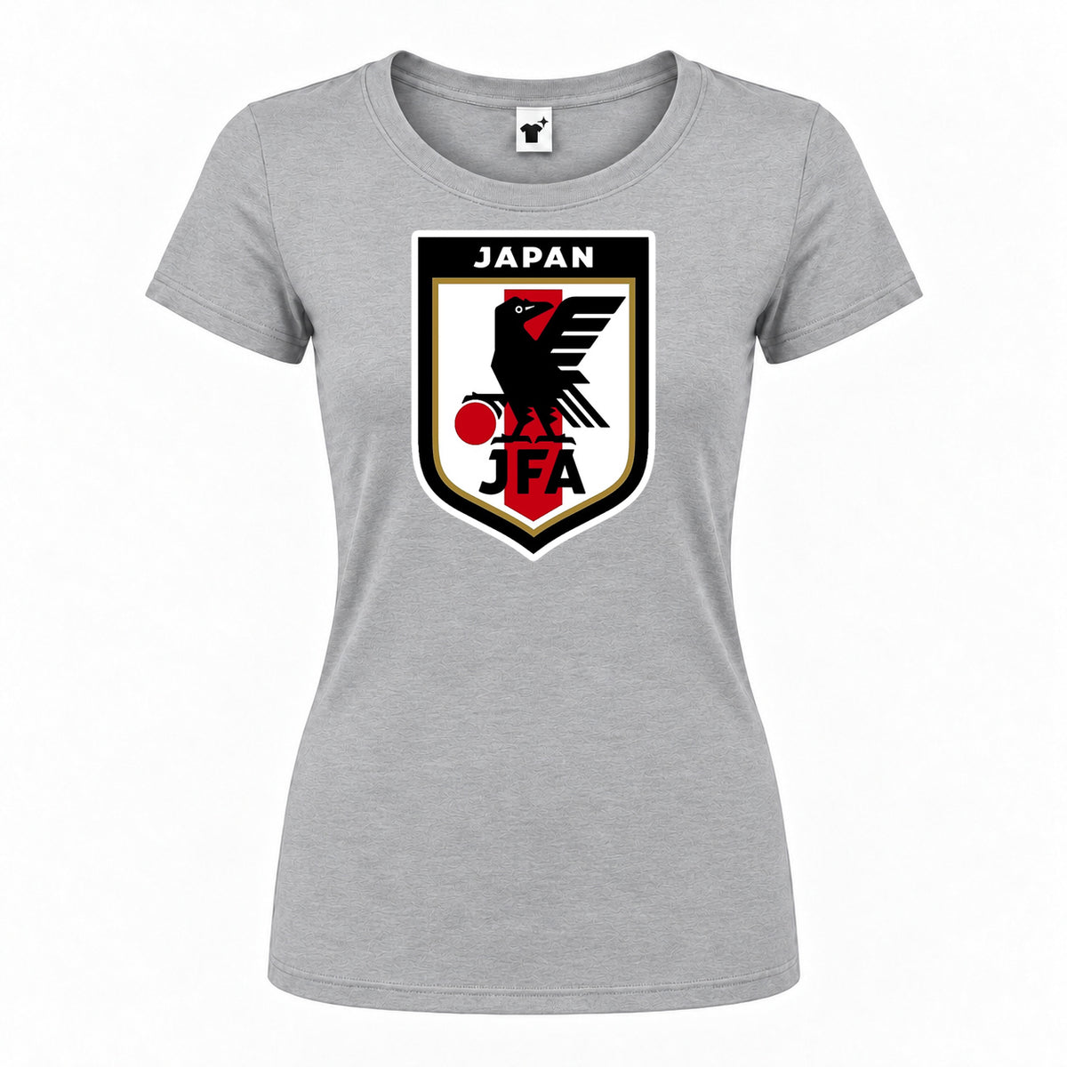 Women's Japan National Soccer Team Round Neck T-Shirt — Grey — original logo on current Drive garment