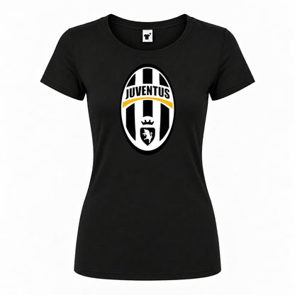 Women's Juventus Football Club Classic Round Neck T-Shirt — Black — original logo on current Drive garment