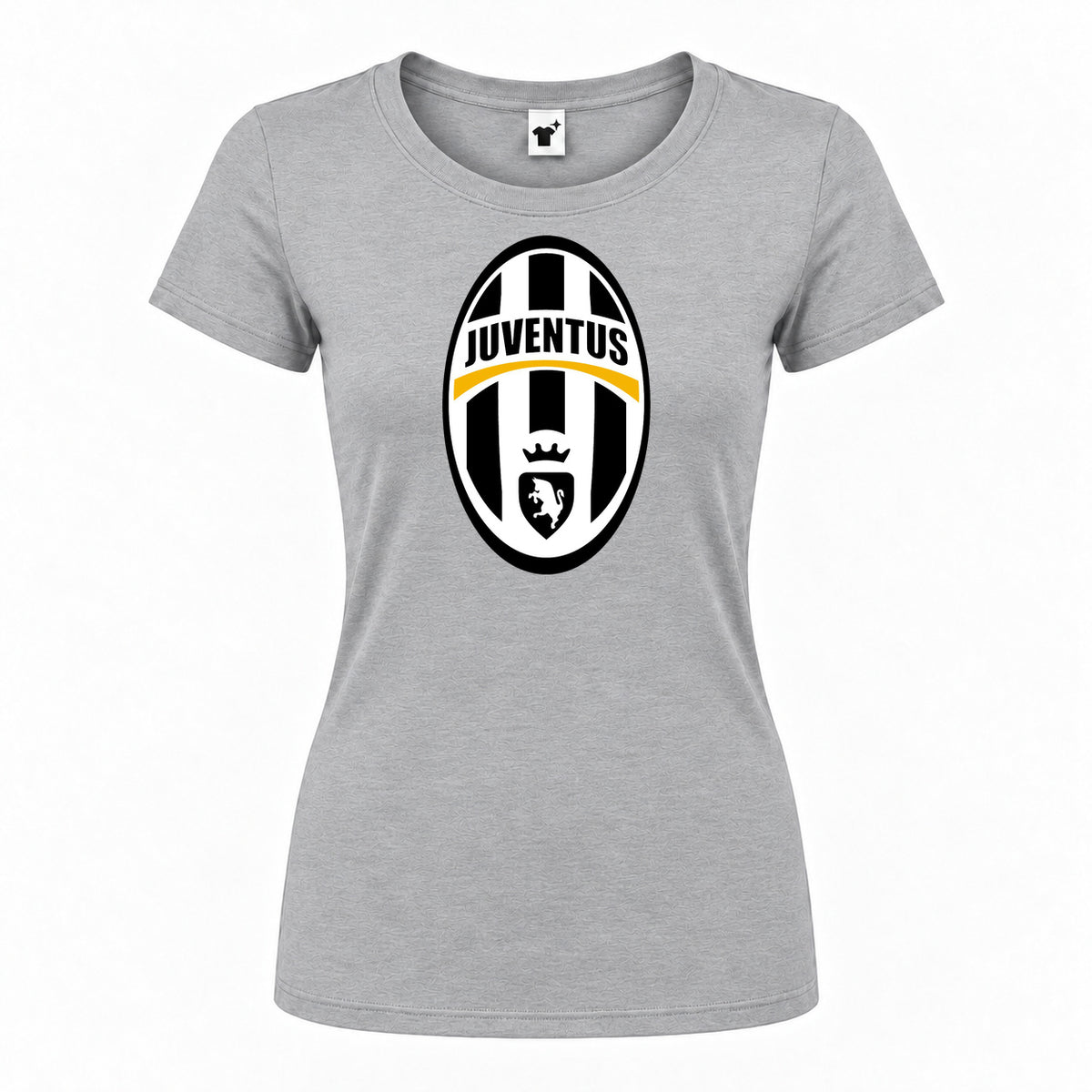 Women's Juventus Football Club Classic Round Neck T-Shirt — Grey — original logo on current Drive garment