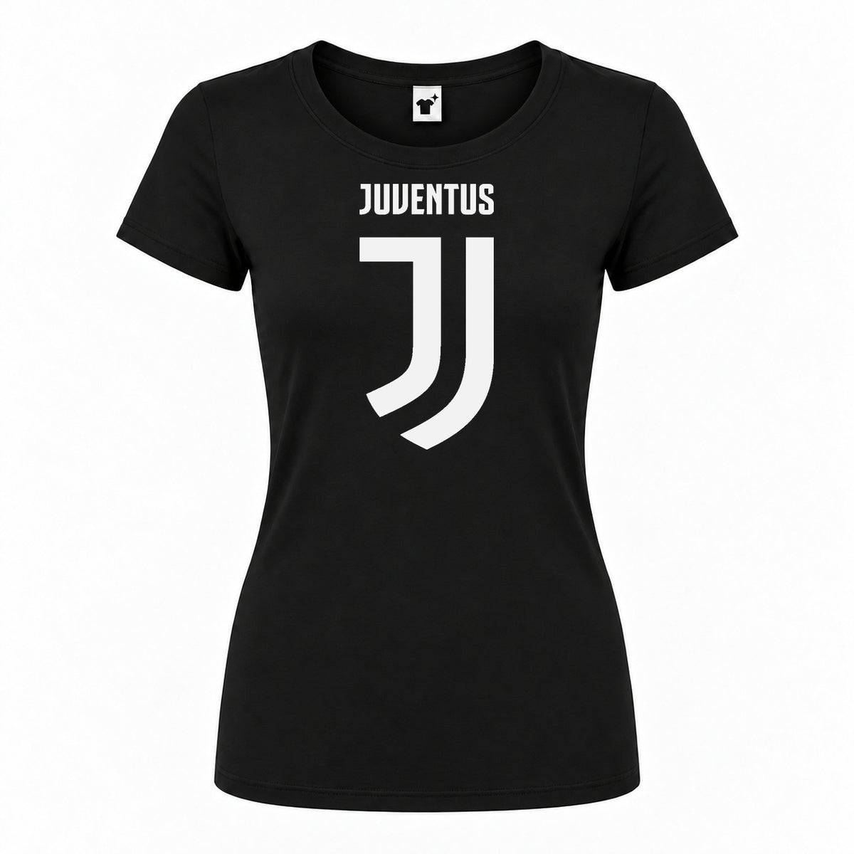 Women's Juventus Soccer Round Neck T-Shirt — Black — original logo on current Drive garment