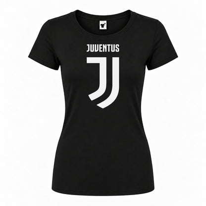 Women's Juventus Soccer Round Neck T-Shirt — Black — original logo on current Drive garment