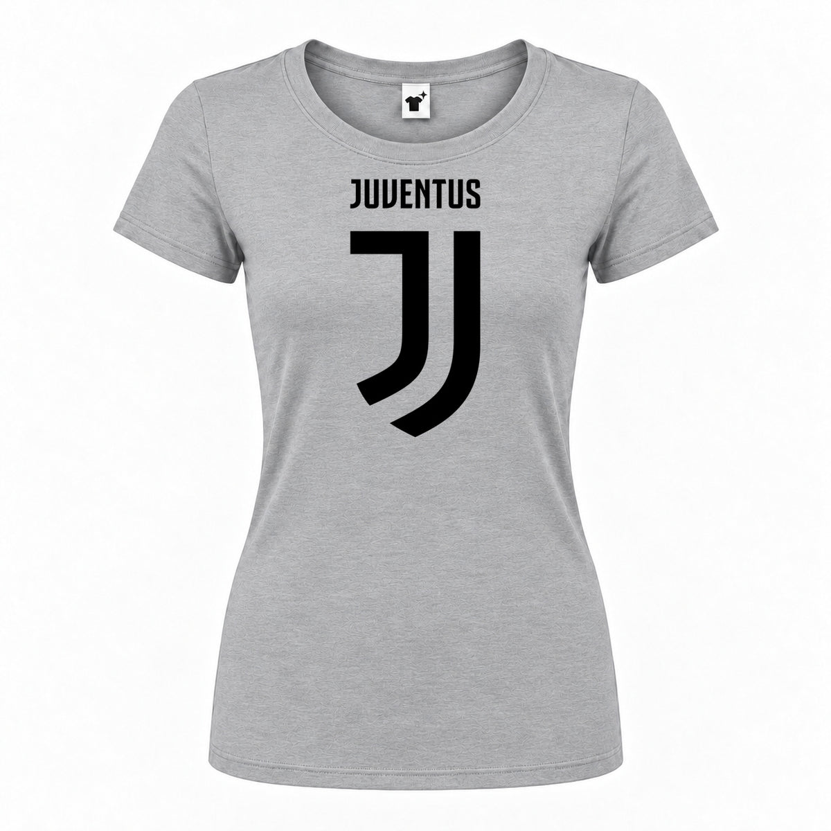 Women's Juventus Soccer Round Neck T-Shirt — Grey — original logo on current Drive garment