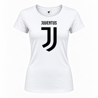 Women's Juventus Soccer Round Neck T-Shirt — White — original logo on current Drive garment