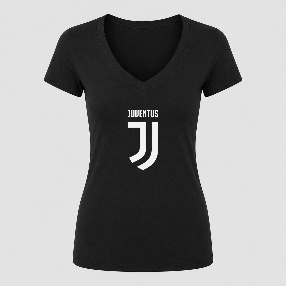 Women's Juventus Soccer V-Neck T-Shirt | Color: Black | Original artwork on Drive garment
