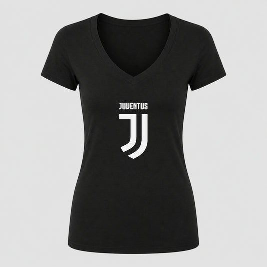 Women's Juventus Soccer V-Neck T-Shirt | Color: Black | Original artwork on Drive garment