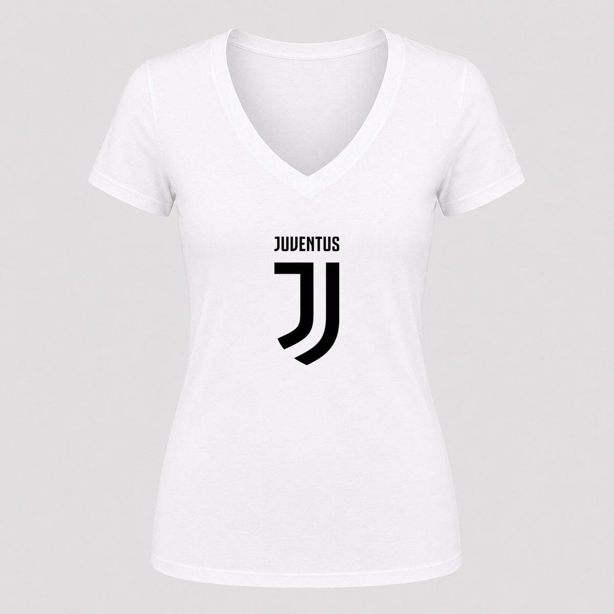 Women's Juventus Soccer V-Neck T-Shirt | Color: White | Original artwork on Drive garment