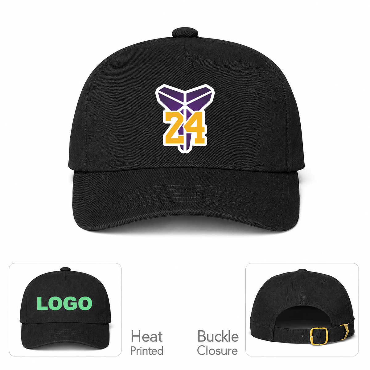 Kobe Bryant Mamba 24 Dad Baseball Cap Hat | Color: Black | Original artwork on Drive garment
