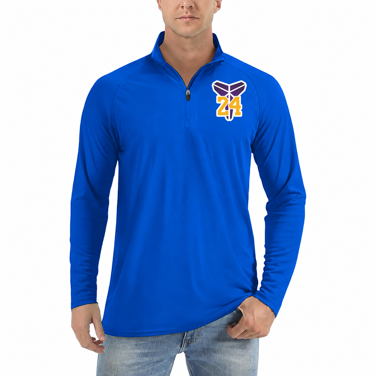 Men's Kobe Bryant Mamba 24 Lightweight Quarter-Zip Athletic Shirt Long Sleeve Performance Wear | Color: Royal Blue | Original artwork on Drive garment