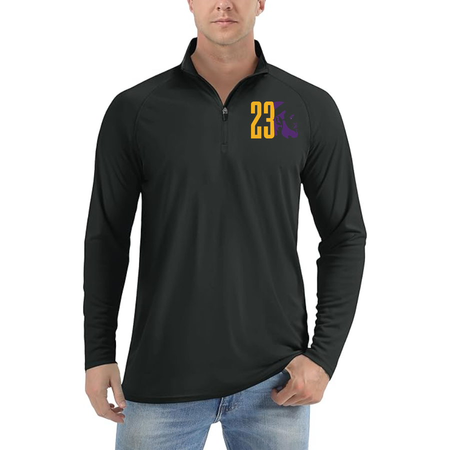 Men's Lebron James 23 Lightweight Quarter-Zip Athletic Shirt Long Sleeve Performance Wear | Color: Black | Original artwork on Drive garment