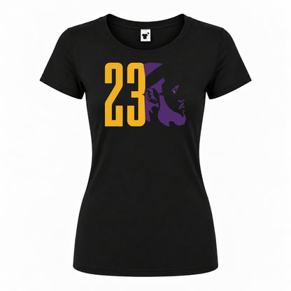 Women's Lebron James 23 Round Neck T-Shirt — Black — original logo on current Drive garment