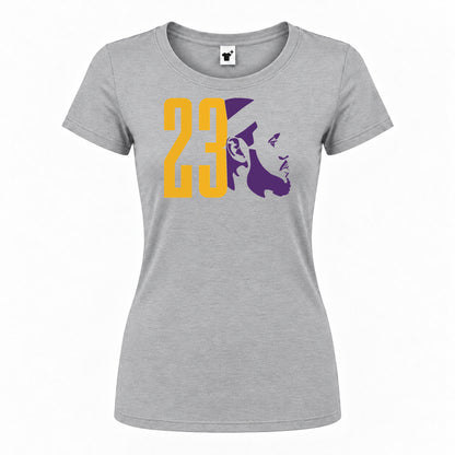 Women's Lebron James 23 Round Neck T-Shirt — Grey — original logo on current Drive garment