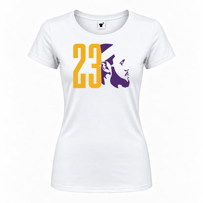 Women's Lebron James 23 Round Neck T-Shirt — White — original logo on current Drive garment