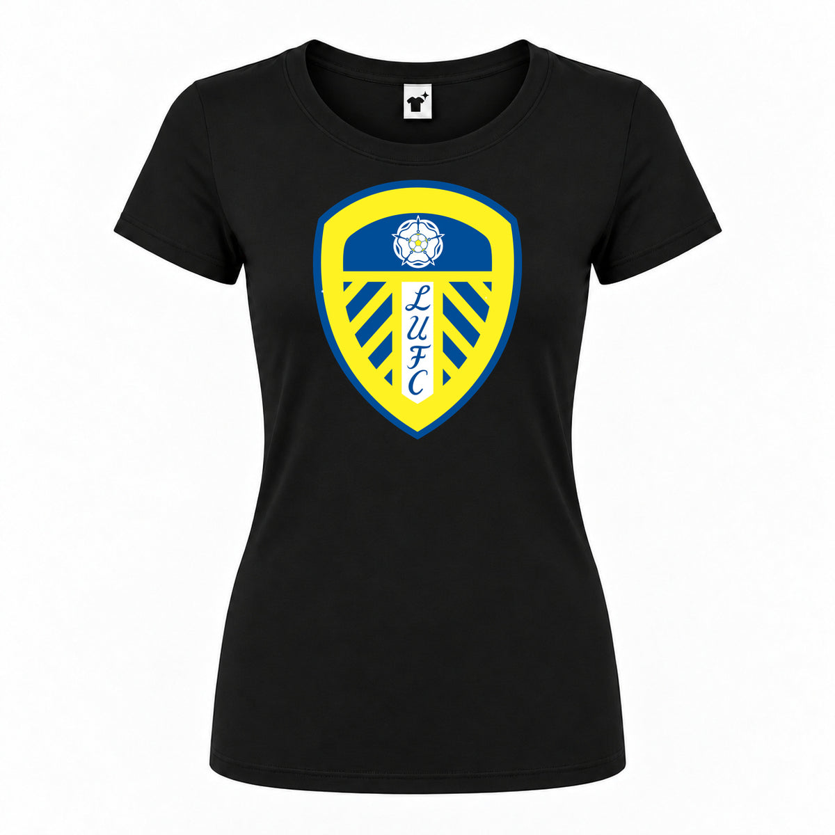 Women's Leeds United Football Club Round Neck T-Shirt — Black — original logo on current Drive garment