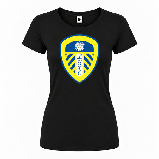 Women's Leeds United Football Club Round Neck T-Shirt — Black — original logo on current Drive garment