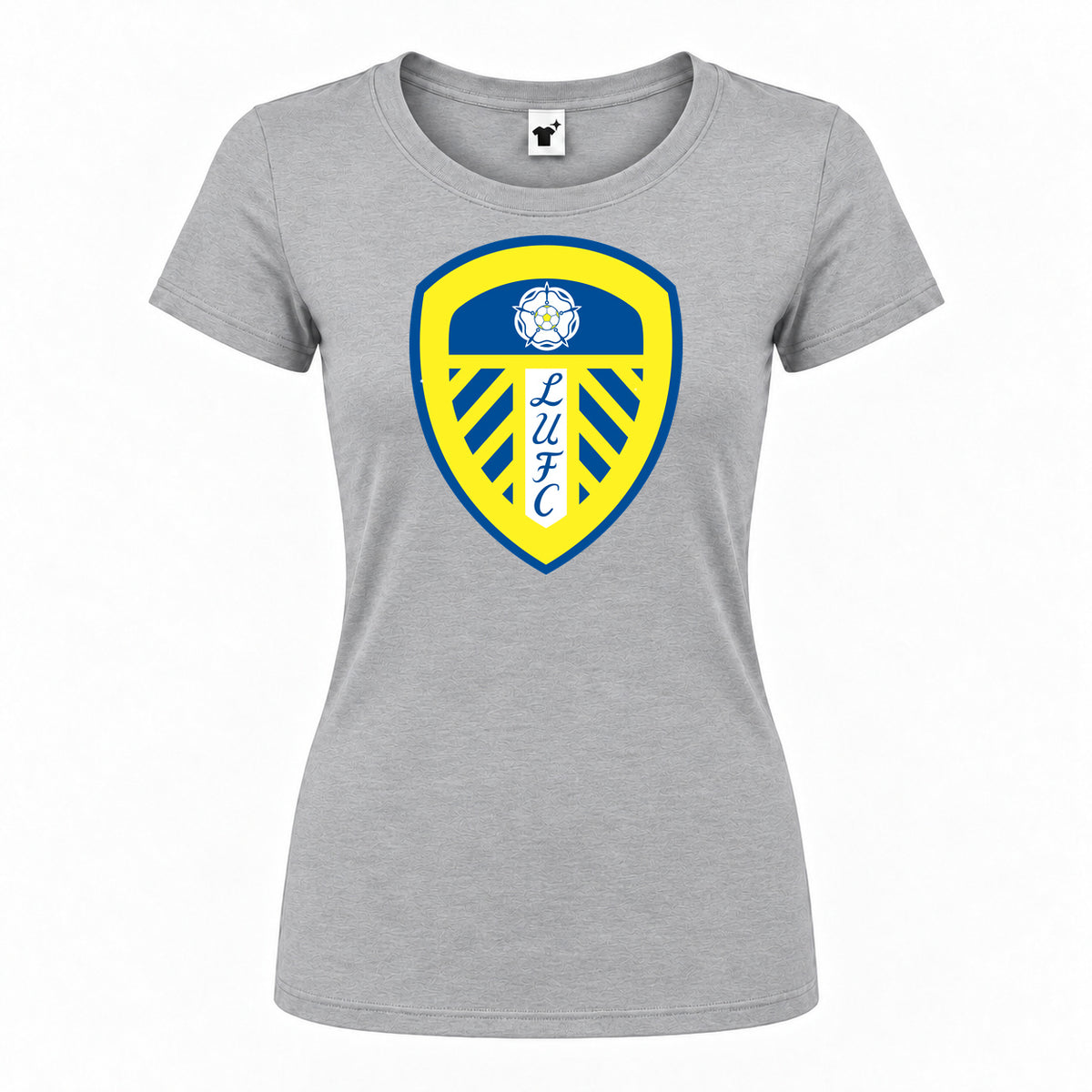 Women's Leeds United Football Club Round Neck T-Shirt — Grey — original logo on current Drive garment