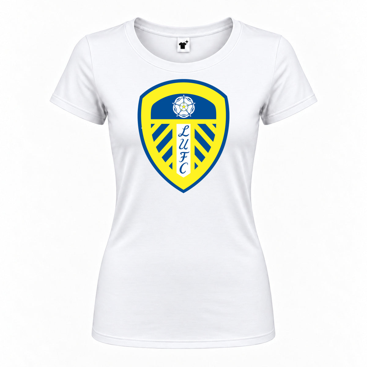 Women's Leeds United Football Club Round Neck T-Shirt — White — original logo on current Drive garment