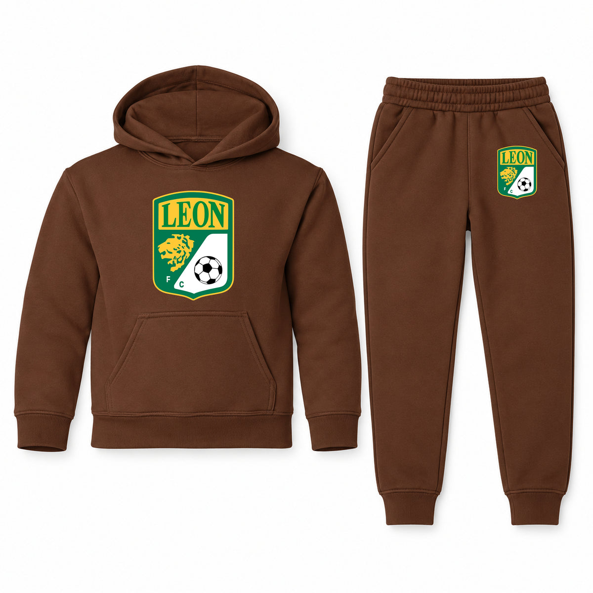 Leon FC youth hoodie jogger set, Brown, Youth Large ages 10–12