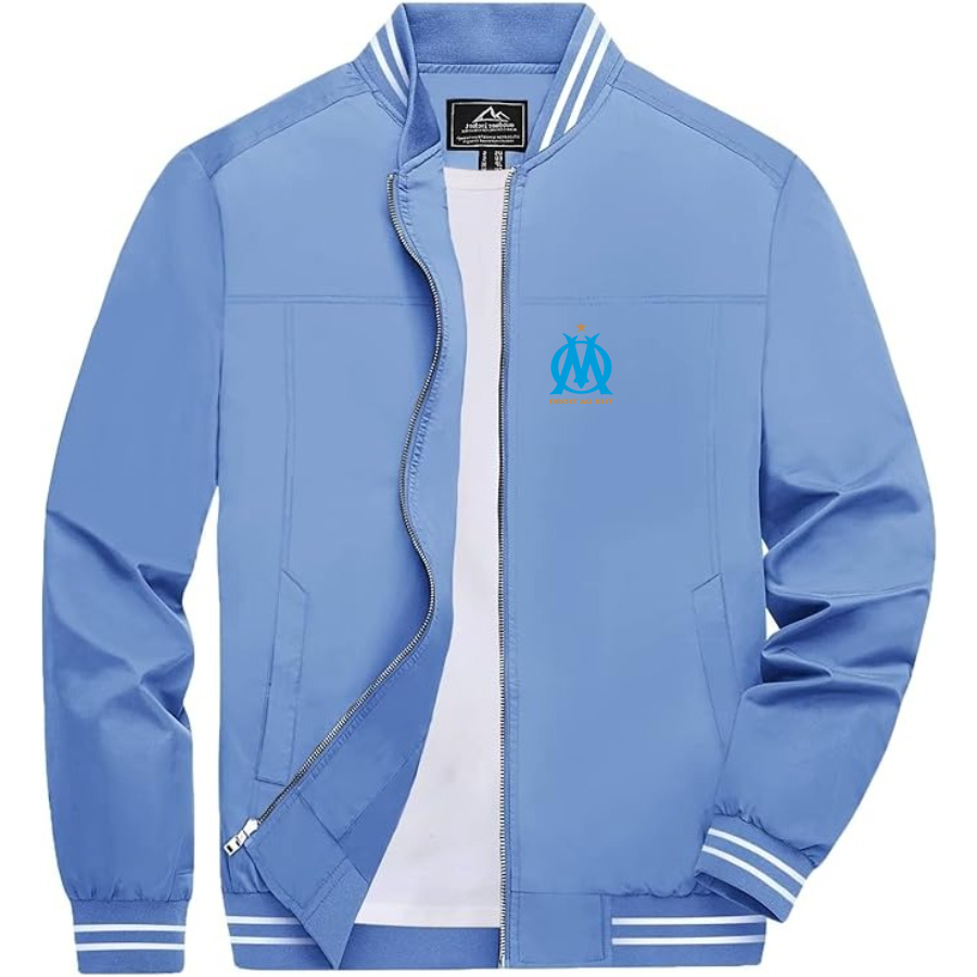 Men’s   Olympique de Marseille FC -  Lightweight Zip-Up Bomber Jacket with Ribbed Collar and Cuffs - Versatile Casual Outerwear