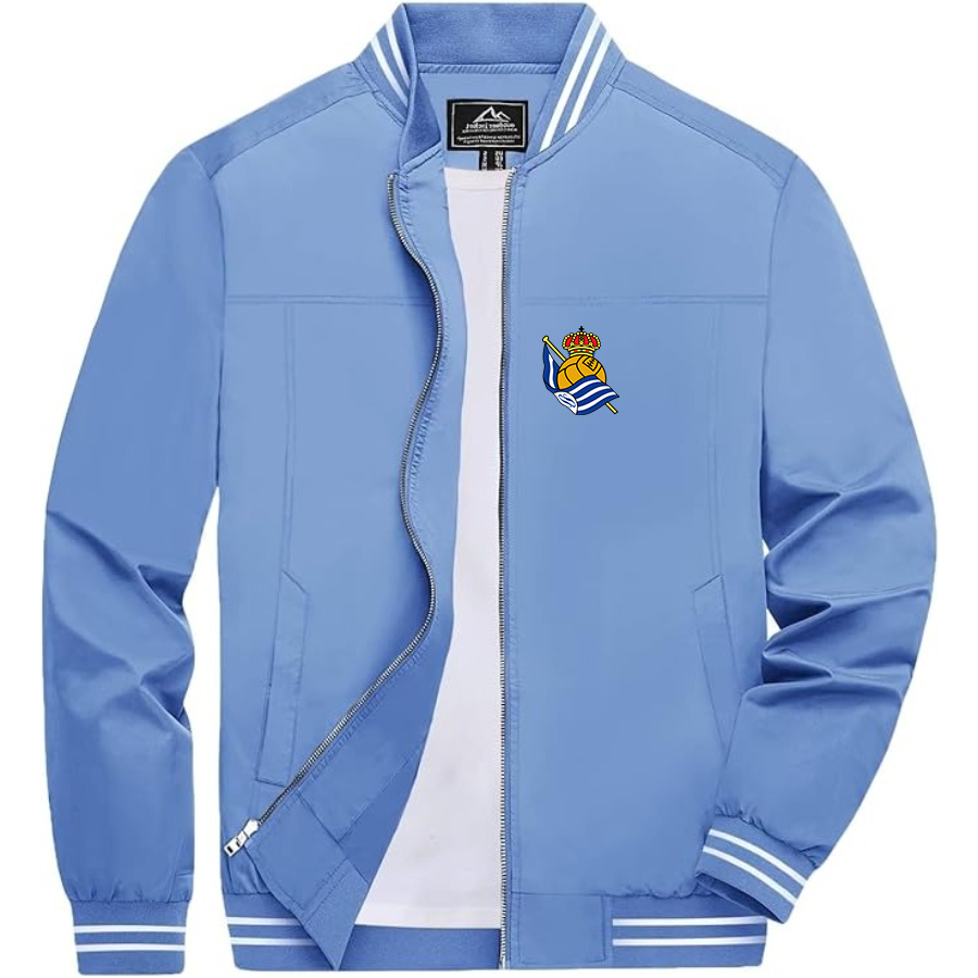 Men’s  Real Sociedad FC Lightweight Zip-Up Bomber Jacket with Ribbed Collar and Cuffs - Versatile Casual Outerwear