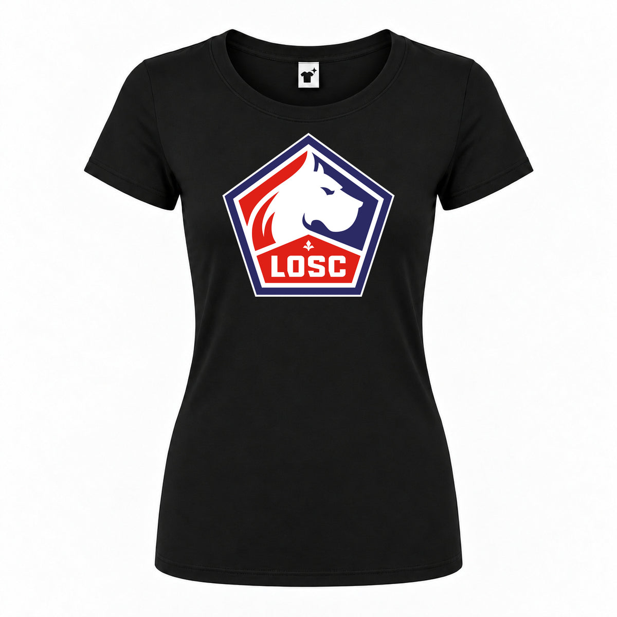 Women's Lille Olympique FC Round Neck T-Shirt — Black — original logo on current Drive garment
