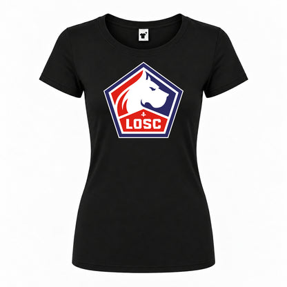 Women's Lille Olympique FC Round Neck T-Shirt — Black — original logo on current Drive garment