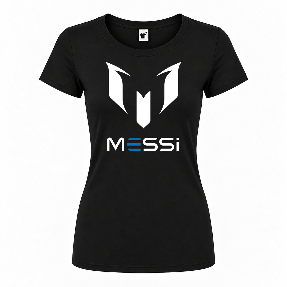 Women's Lionel Messi Air Messi Soccer Round Neck T-Shirt — Black — original logo on current Drive garment