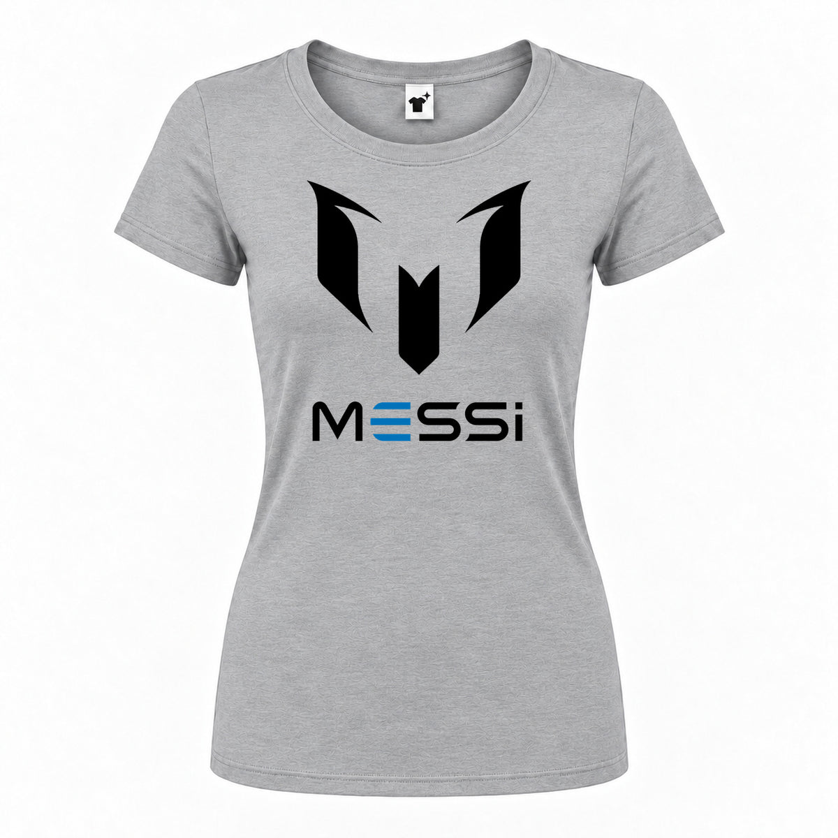 Women's Lionel Messi Air Messi Soccer Round Neck T-Shirt — Grey — original logo on current Drive garment