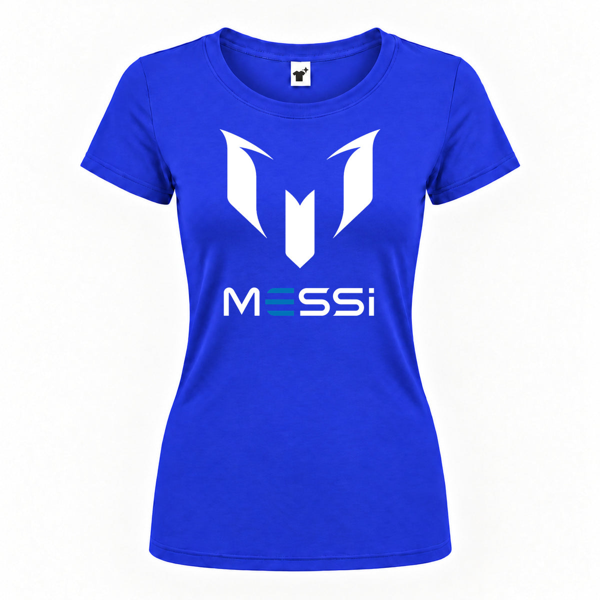 Women's Lionel Messi Air Messi Soccer Round Neck T-Shirt — Royal Blue — original logo on current Drive garment