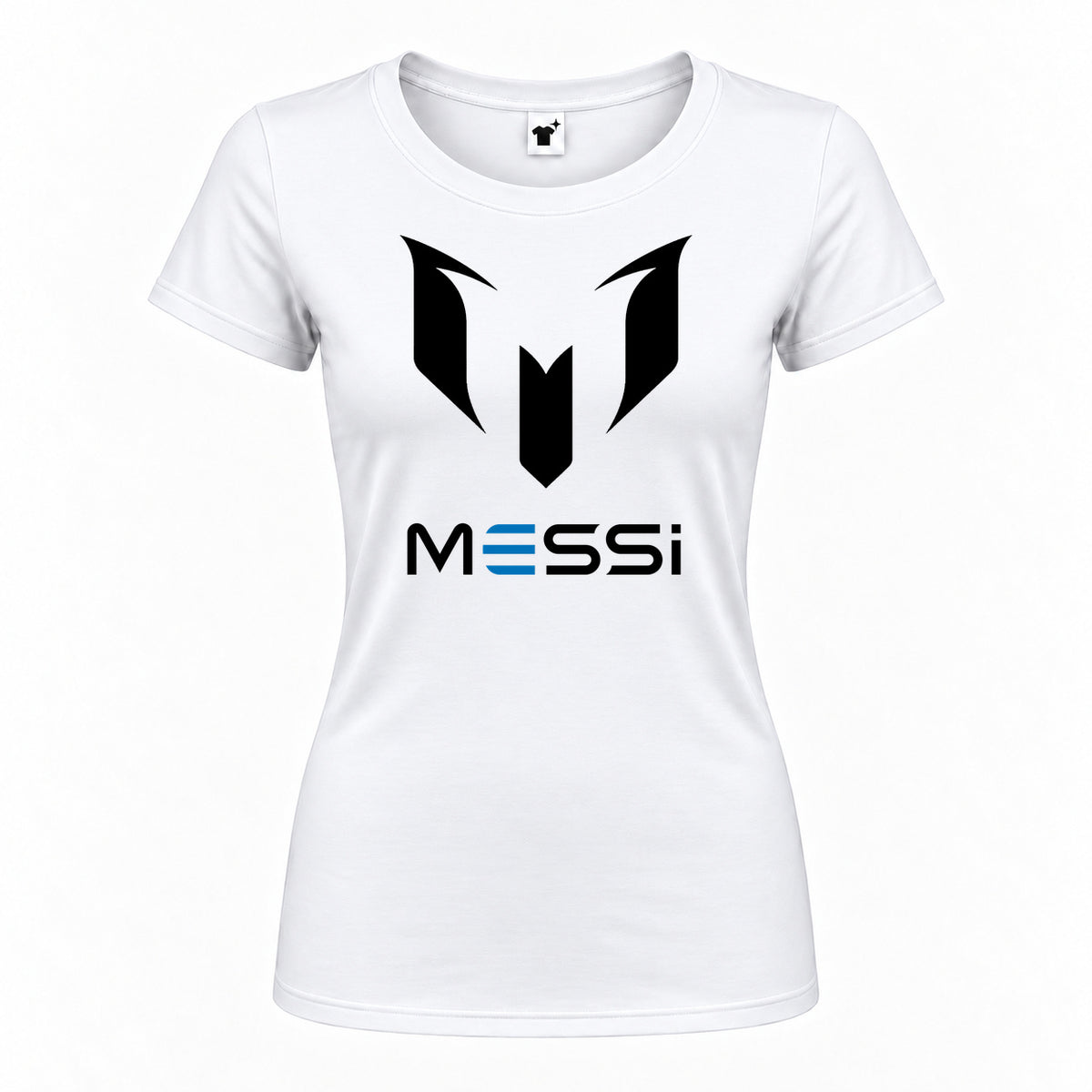 Women's Lionel Messi Air Messi Soccer Round Neck T-Shirt — White — original logo on current Drive garment