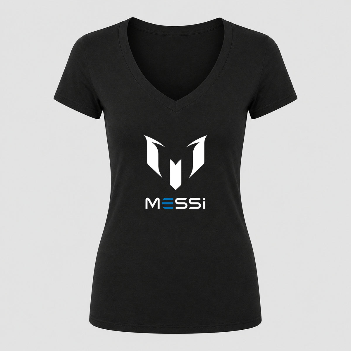 Women's Lionel Messi Air Messi Soccer V-Neck T-Shirt | Color: Black | Original artwork on Drive garment
