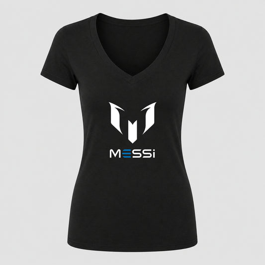 Women's Lionel Messi Air Messi Soccer V-Neck T-Shirt | Color: Black | Original artwork on Drive garment