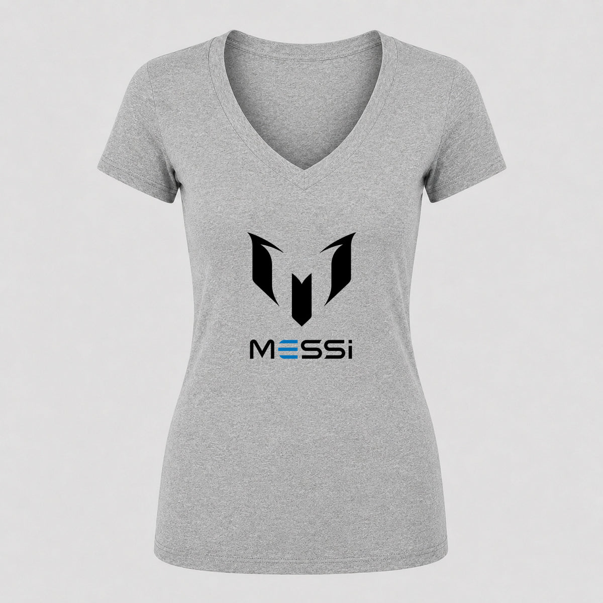 Women's Lionel Messi Air Messi Soccer V-Neck T-Shirt | Color: Gray | Original artwork on Drive garment