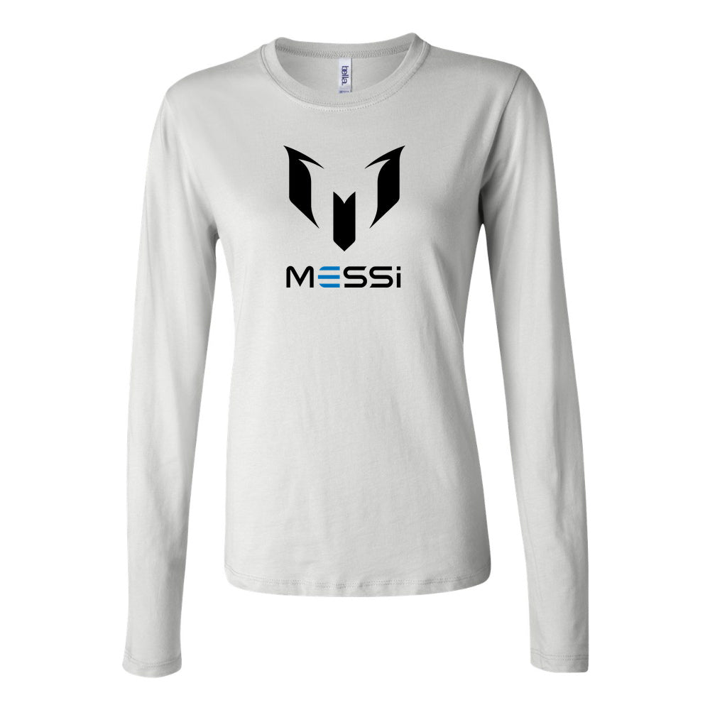 Women's Lionel Messi Air Messi Soccer Long Sleeve T-Shirt | Color: White | Original artwork on Drive garment