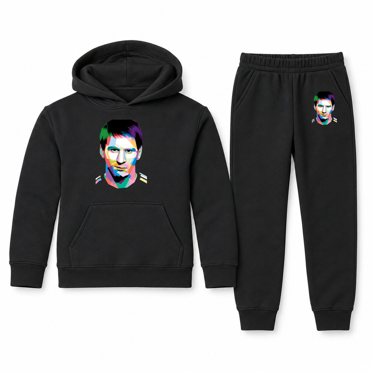 Lionel Messi Face Art Soccer youth hoodie jogger set, Black, Youth Large ages 10–12