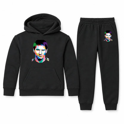 Lionel Messi Face Art Soccer youth hoodie jogger set, Black, Youth Large ages 10–12