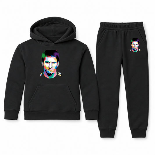 Lionel Messi Face Art Soccer youth hoodie jogger set, Black, Youth Large ages 10–12
