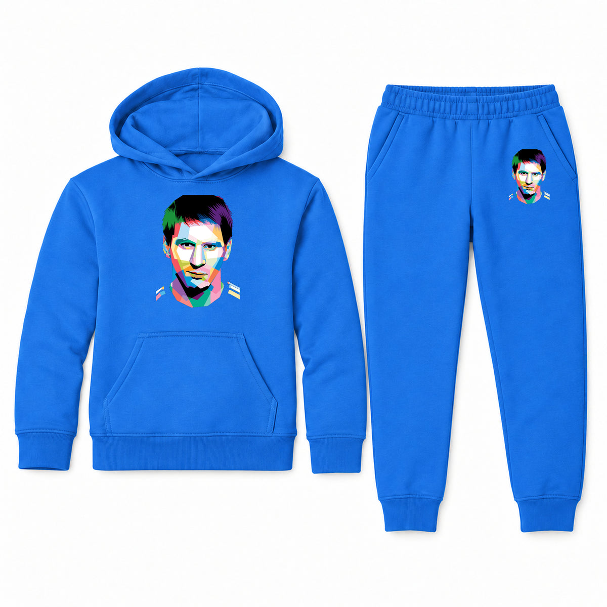 Lionel Messi Face Art Soccer youth hoodie jogger set, Blue, Youth Large ages 10–12