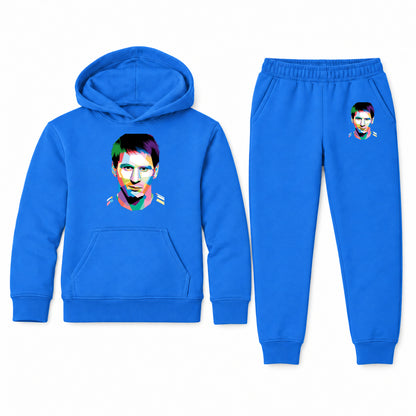 Lionel Messi Face Art Soccer youth hoodie jogger set, Blue, Youth Large ages 10–12
