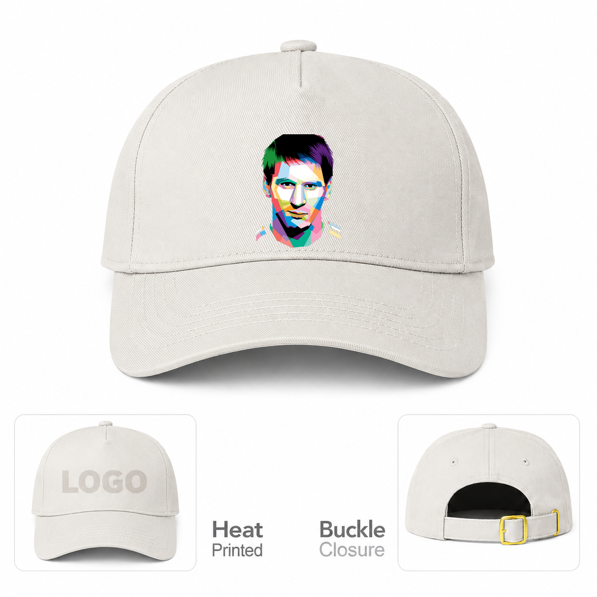 Lionel Messi Face Art Soccer Dad Baseball Cap Hat | Color: Beige | Original artwork on Drive garment