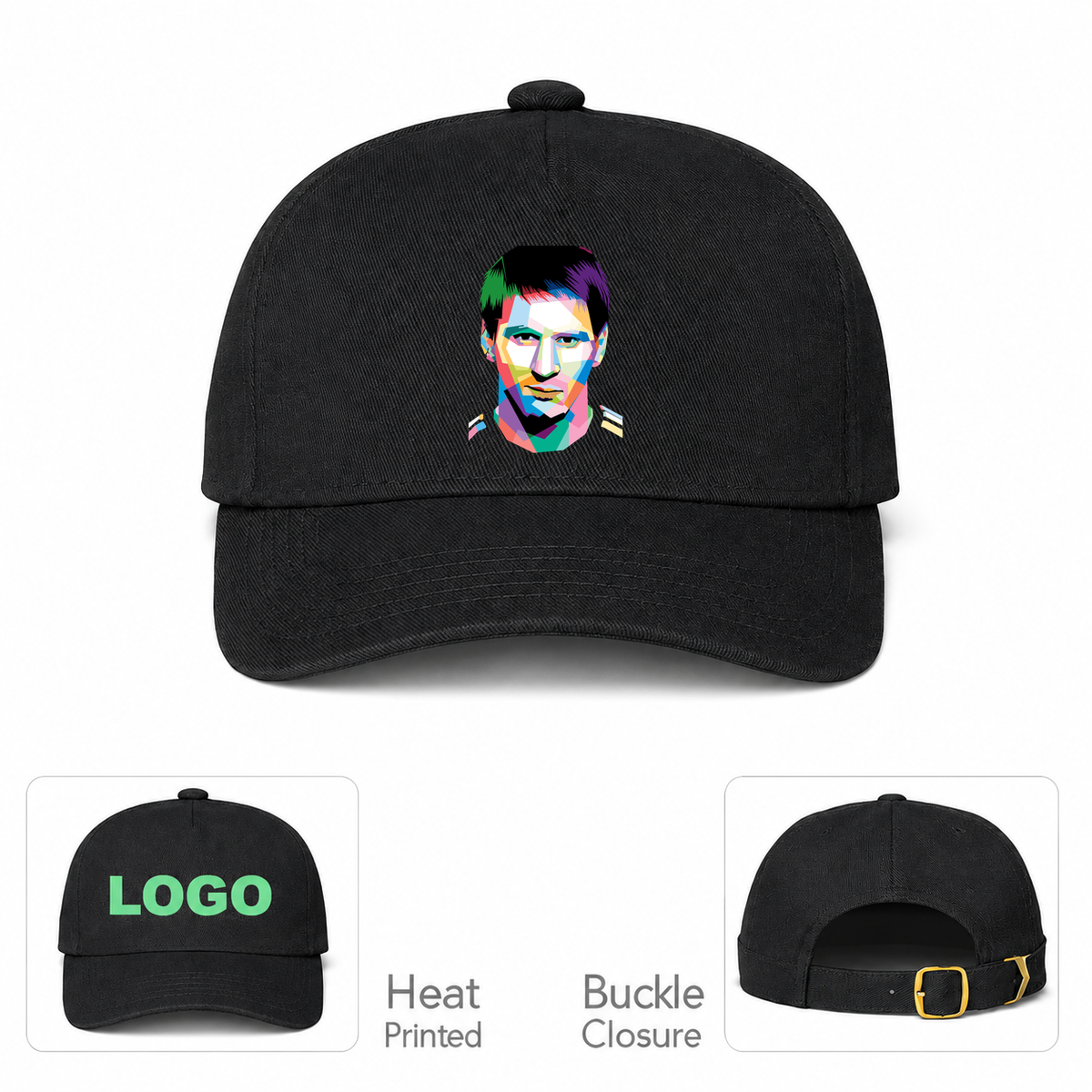 Lionel Messi Face Art Soccer Dad Baseball Cap Hat | Color: Black | Original artwork on Drive garment
