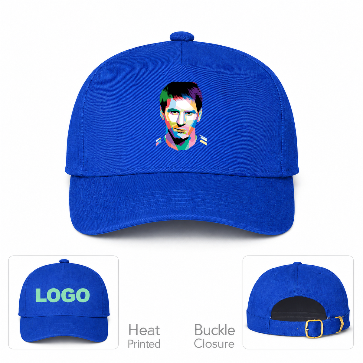 Lionel Messi Face Art Soccer Dad Baseball Cap Hat | Color: Blue | Original artwork on Drive garment