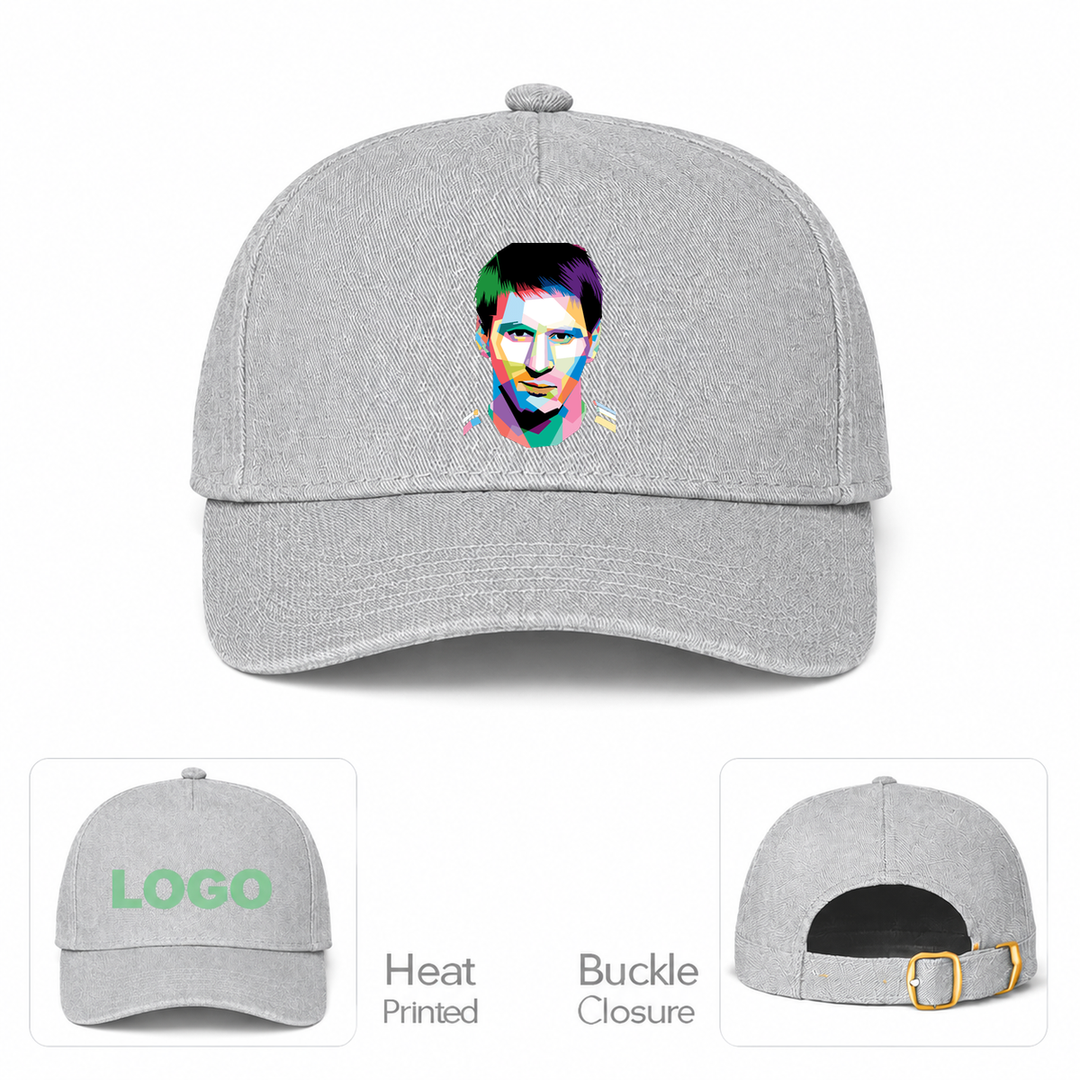 Lionel Messi Face Art Soccer Dad Baseball Cap Hat | Color: Gray | Original artwork on Drive garment