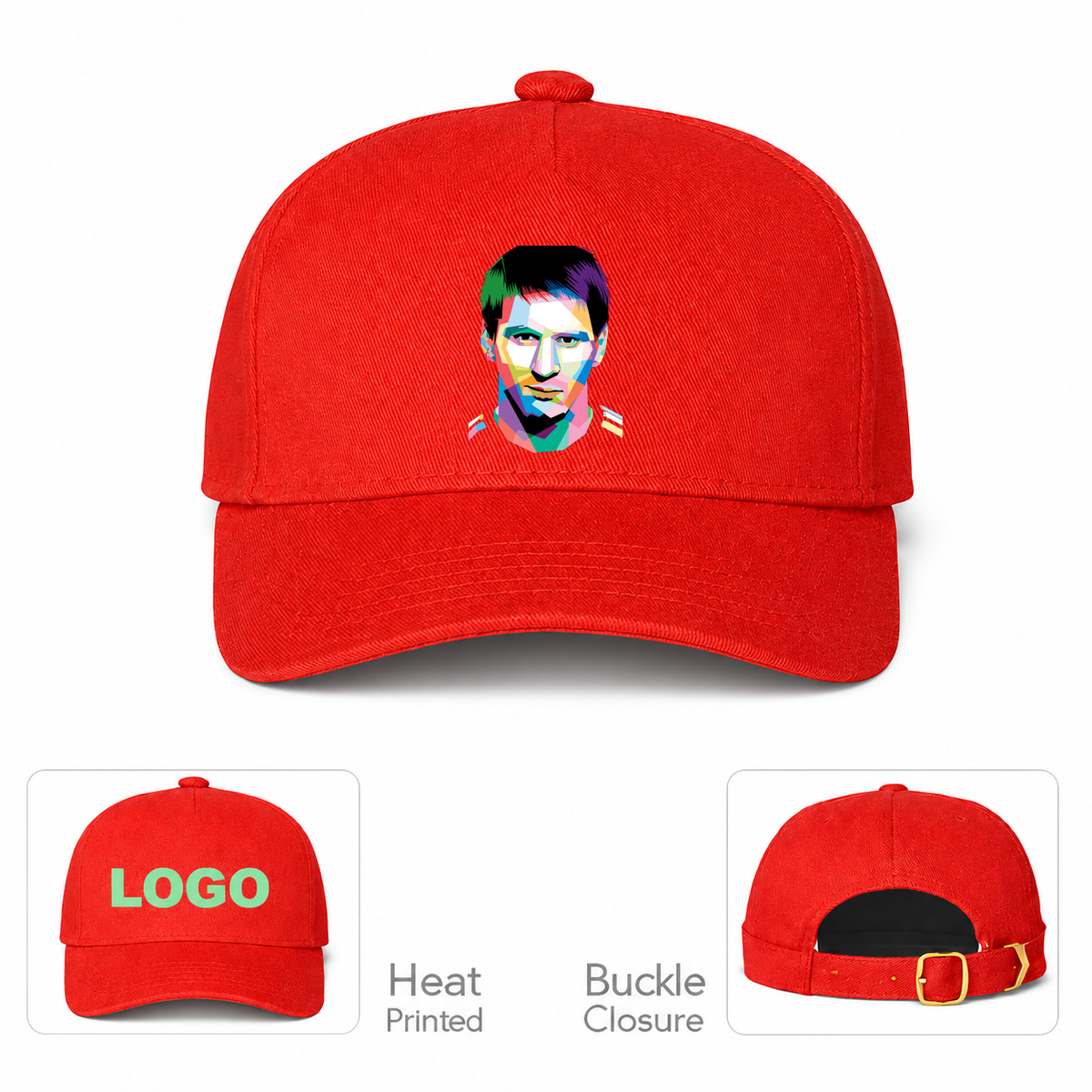 Lionel Messi Face Art Soccer Dad Baseball Cap Hat | Color: Red | Original artwork on Drive garment