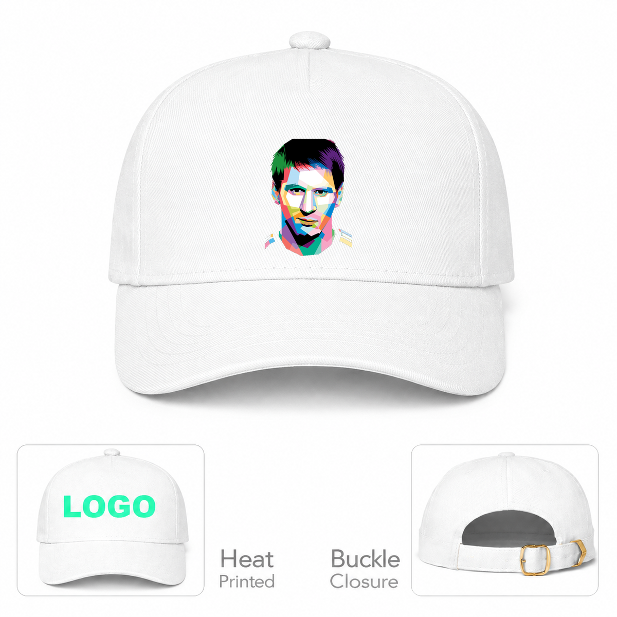 Lionel Messi Face Art Soccer Dad Baseball Cap Hat | Color: White | Original artwork on Drive garment