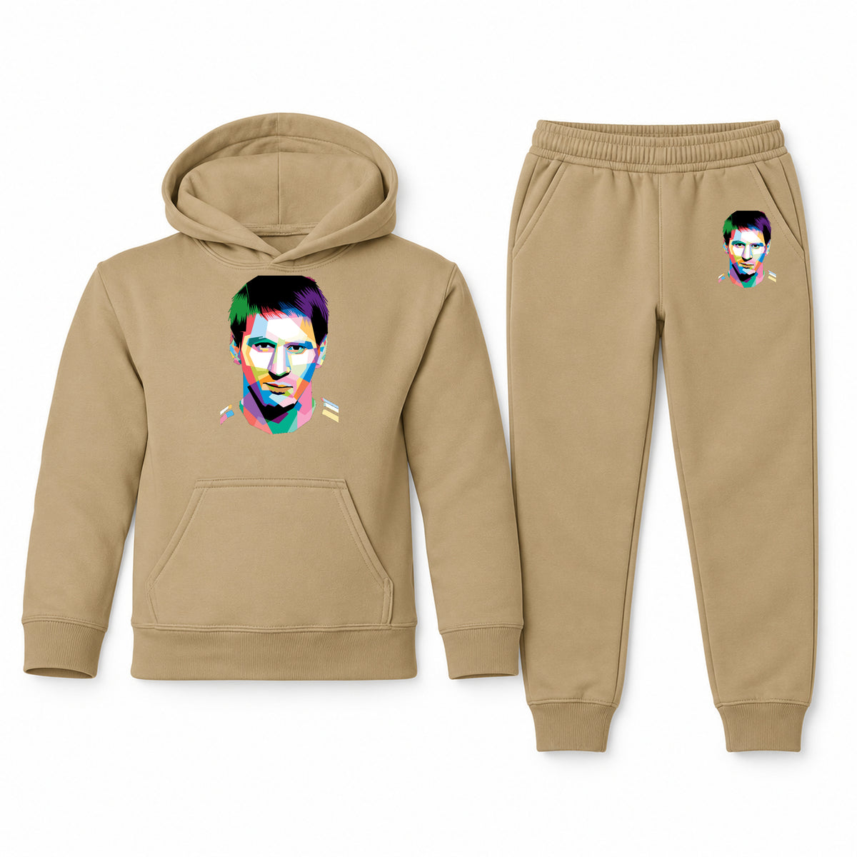 Lionel Messi Face Art Soccer youth hoodie jogger set, Khaki, Youth Large ages 10–12